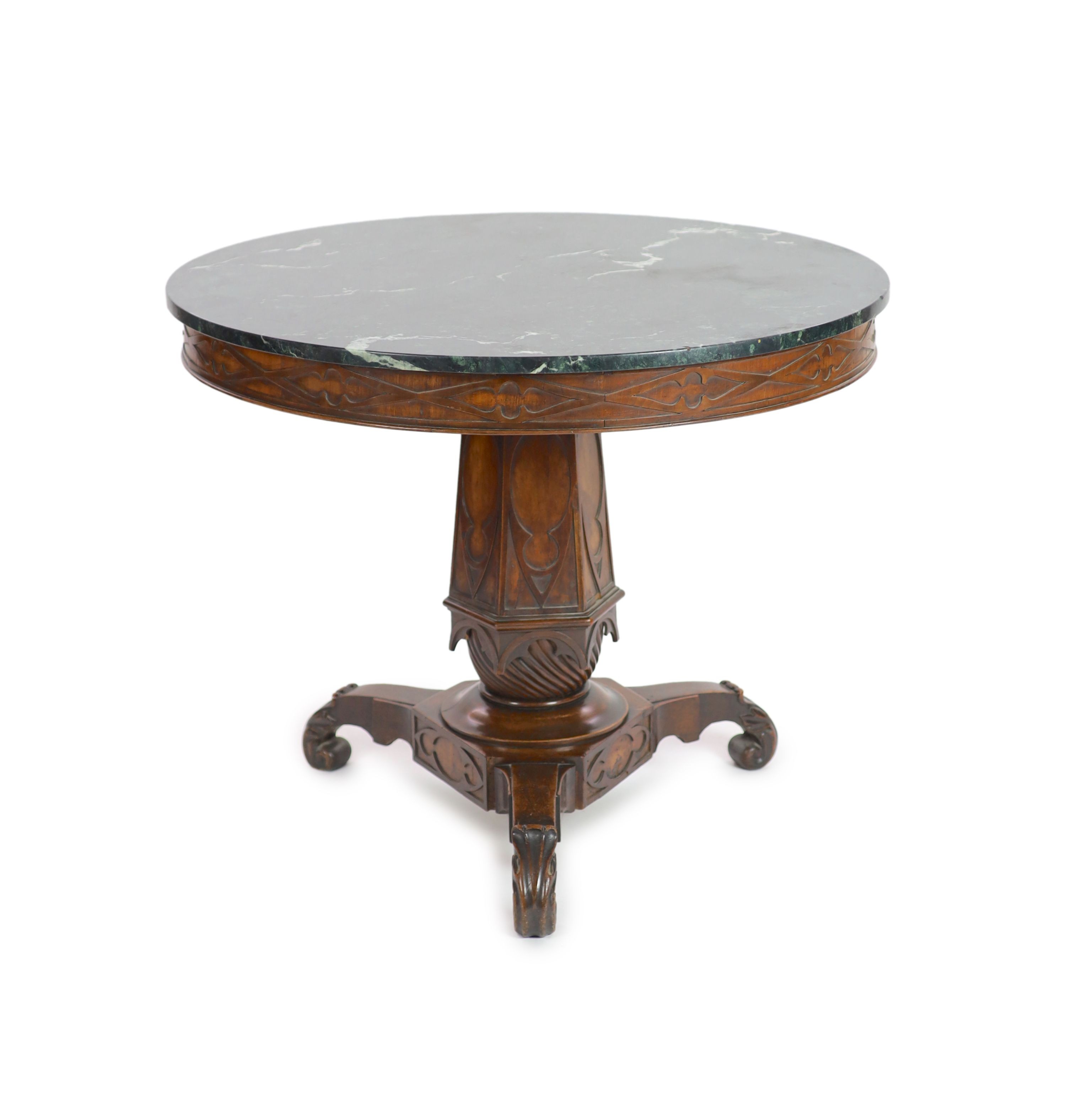 A mid 19th century German mahogany Gothic design centre table, Diam.97cm H.79cm
